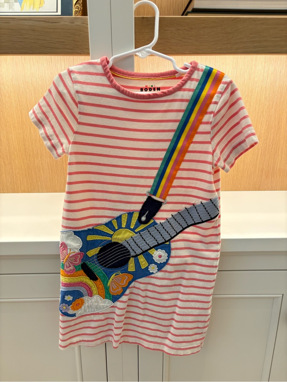 Mini Boden Rainbow Guitar Appliqué Striped T-Shirt Dress